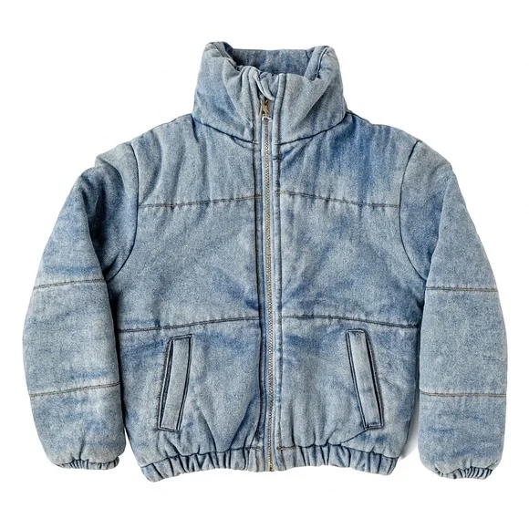 Kidpik Girls Blue Denim Puffer Jacket Zip-Up Size 7-8 - Picture 1 of 5